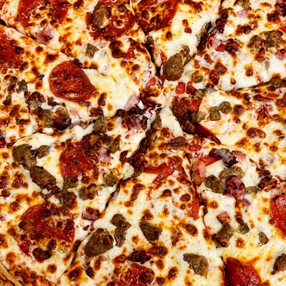 Close-up of a whole pizza with pepperoni, sausage, and melted cheese, sliced into wedges.