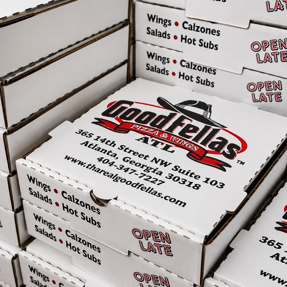 Stacked Goodfellas Pizza & Wings boxes display the Atlanta restaurant logo, address, menu items, and “Open Late” branding.