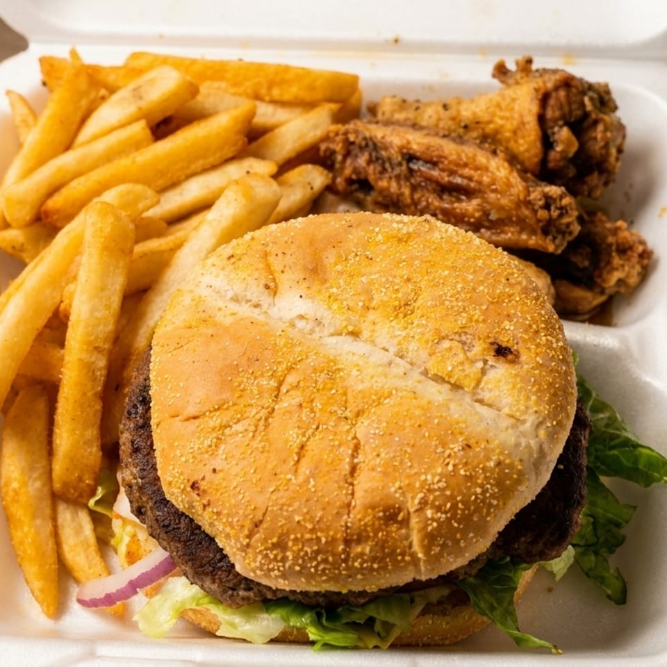 A takeout container holds a burger with lettuce and onions, fries, and fried chicken wings.