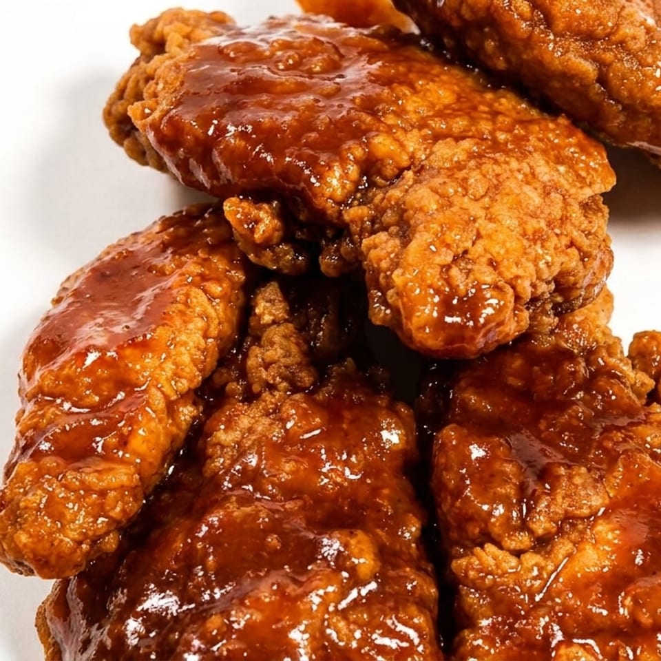 Close-up of several crispy fried chicken tenders generously coated in a glossy, reddish-brown sauce.