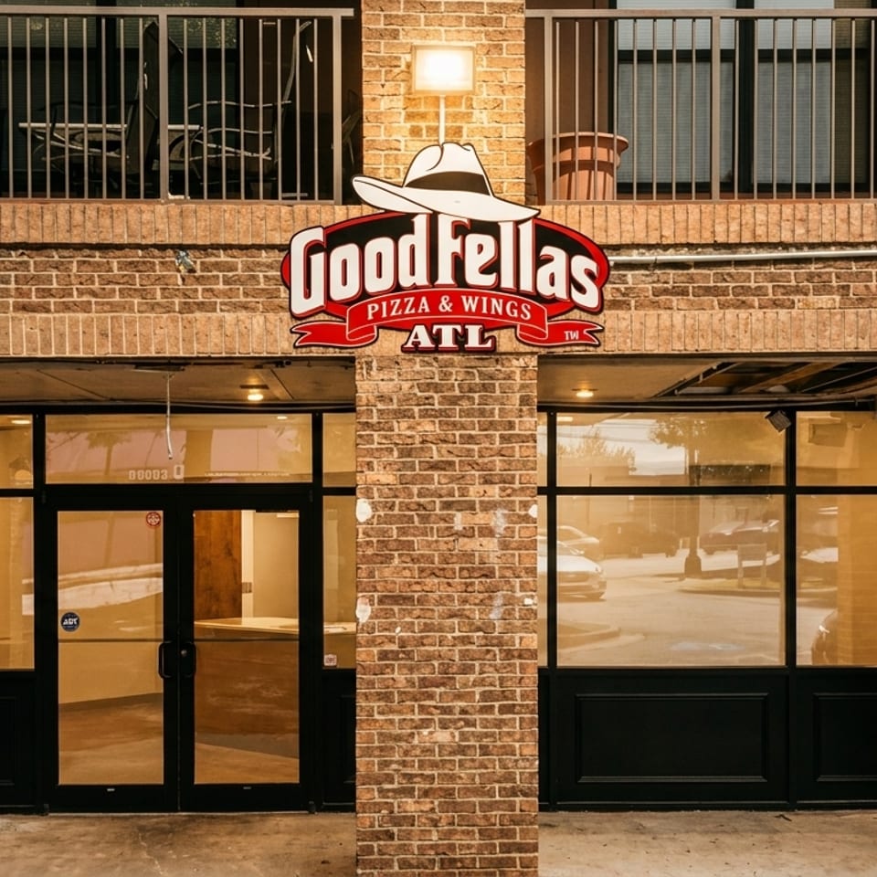 Good Fellas Pizza & Wings ATL sign on a brick building with glass storefront and balconies.