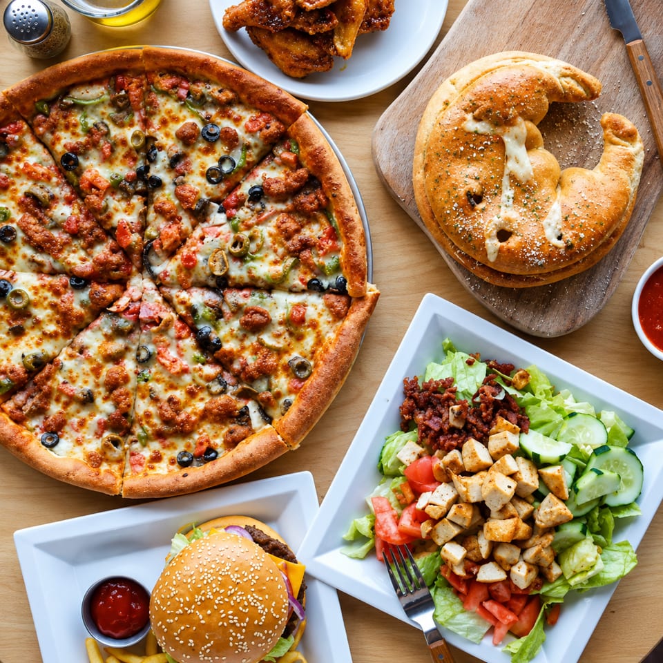Overhead spread of loaded pizza, calzones, chicken wings, cheeseburger with fries, and grilled chicken salad on a wooden table.